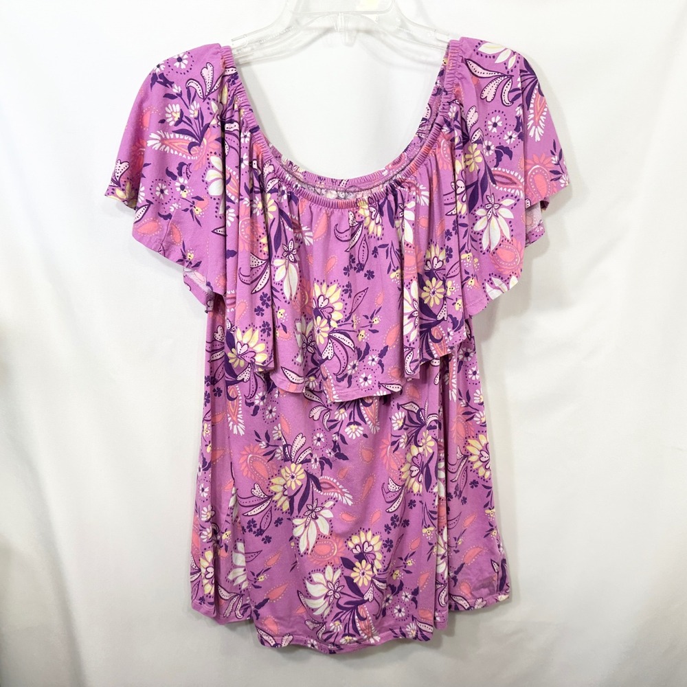 Woman Within Plus Size 22/24W Top 1X Purple Floral Off Shoulder Feminine 719 - Picture 2 of 10